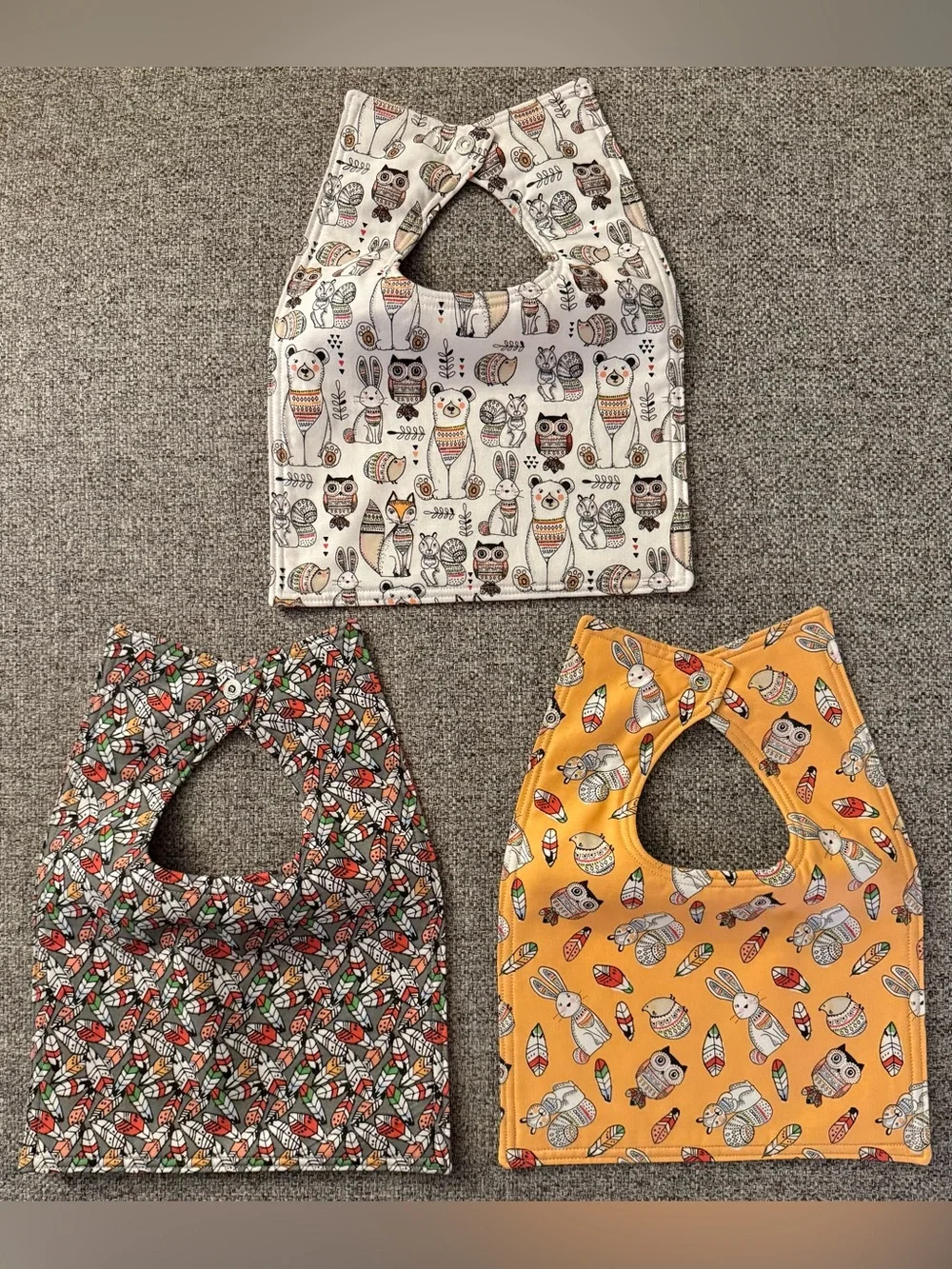 Set of 3 NEW hand-sewn bibs - Owl/Feathers/Bunny/Bear